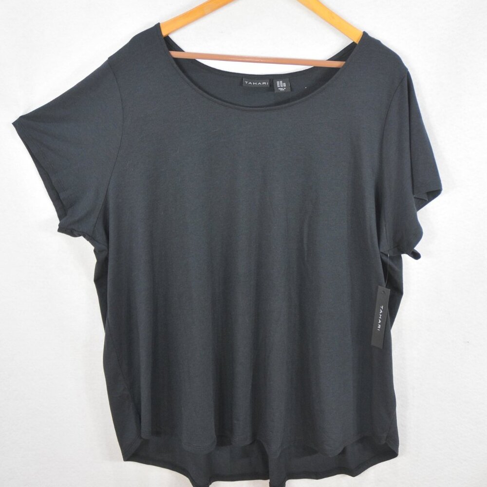 Tahari Women's Blouse 3X Black Round Neck Short Sleeve Top Shirt Tunic